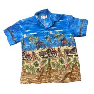 KY's Hawaii Blue Men's XL Hawaiian Shirt Motorcycle Ocean Beach Hut Scene